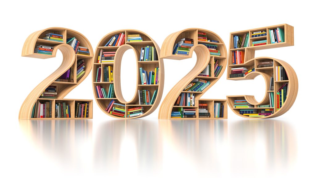 Header iimage: the number 2025 as bookshelves filled with books, on a white background, with a faint reflection below (credit: Maxx-Studio / Shutterstoci.com)