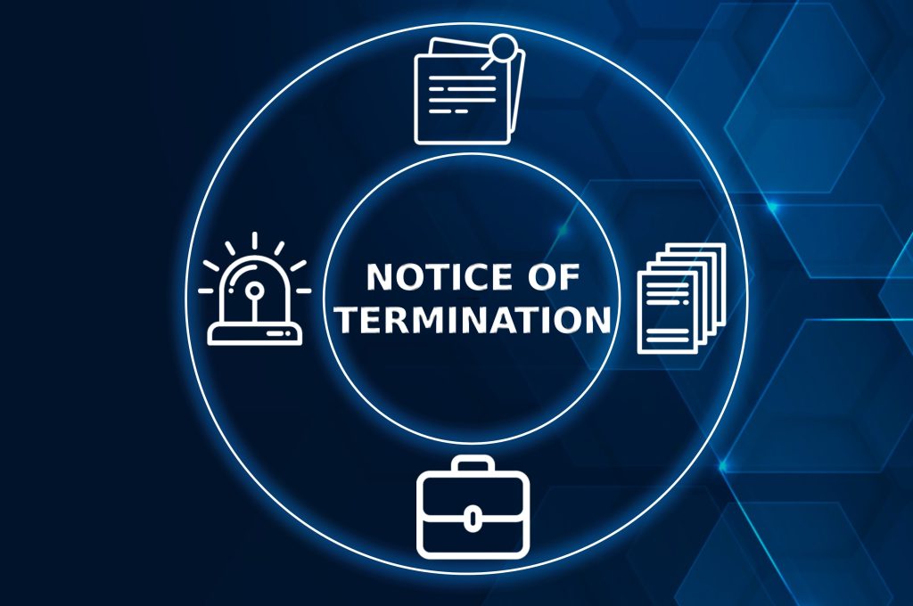 Header image: a double circle containing stylized images of contract pages in the outer area and the words Notice of Termination in the center, on a dark-blue background