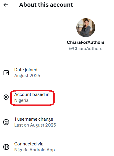 ChiaraForAuthors
@ChiaraAuthors
Date joined
August 2025
Account based in
Nigeria
1 username change
Last on August 2025
Connected via
Nigeria Android App