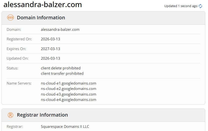 Domain registration for alessandra-balzer.com, dated March 13, 2026, via Squarespace