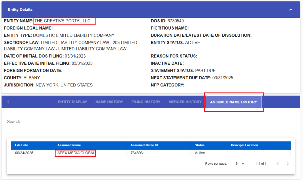 Screenshot of The Creative Portal LLC New York business registration, showing its Assumed Name History and the assumed name as of June 24, 2025: Apex Media Global.