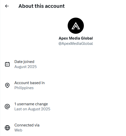 Screenshot of About This Account from Apex Media Global's X account, indicating that the account is based in the Philippines (joined August 2025)