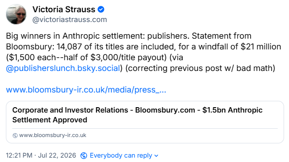 Victoria Strauss
@victoriastrauss.com
Big winners in Anthropic settlement: publishers. Statement from Bloomsbury: 14,087 of its titles are included, for a windfall of $21 million ($1,500 each--half of $3,000/title payout) (via
@publisherslunch.bsky.social
) (correcting previous post w/ bad math)
www.bloomsbury-ir.co.uk/media/press_...
Corporate and Investor Relations - Bloomsbury.com - $1.5bn Anthropic Settlement Approved
www.bloomsbury-ir.co.uk
12:21 PM · Jul 22, 2026