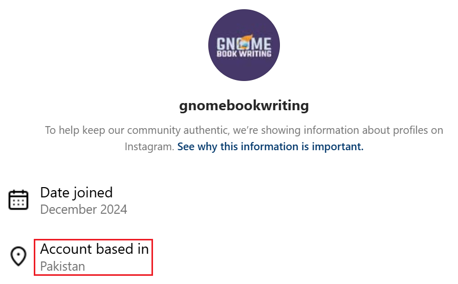 Instagram transparency info for Gnome Book Writing, showing that the account is bsed in Pakistan