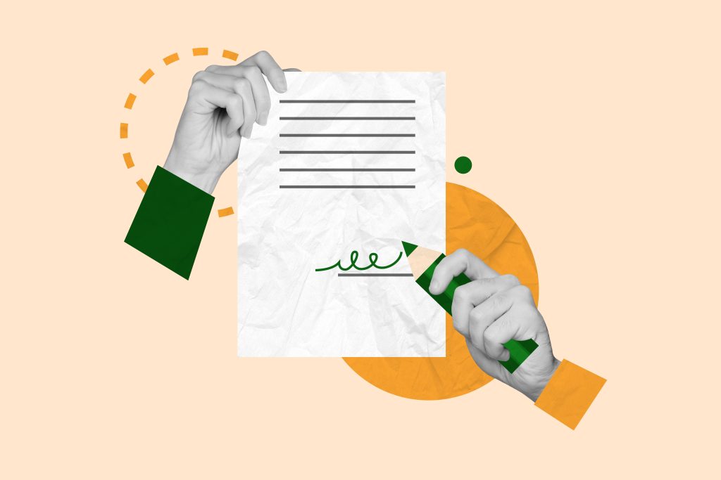 Header image: photo and graphic collage of two hands, one holding and one signing a paper contract, on a pale orange background (Credit: Roman Samborskyi / Shutterstock.com)