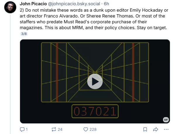 John Picacio
@johnpicacio.bsky.social
2) Do not mistake these words as a dunk upon editor Emily Hockaday or art director Franco Alvarado. Or Sheree Renee Thomas. Or most of the staffers who predate Must Read's corporate purchase of their magazines. This is about MRM, and their policy choices. Stay on target.